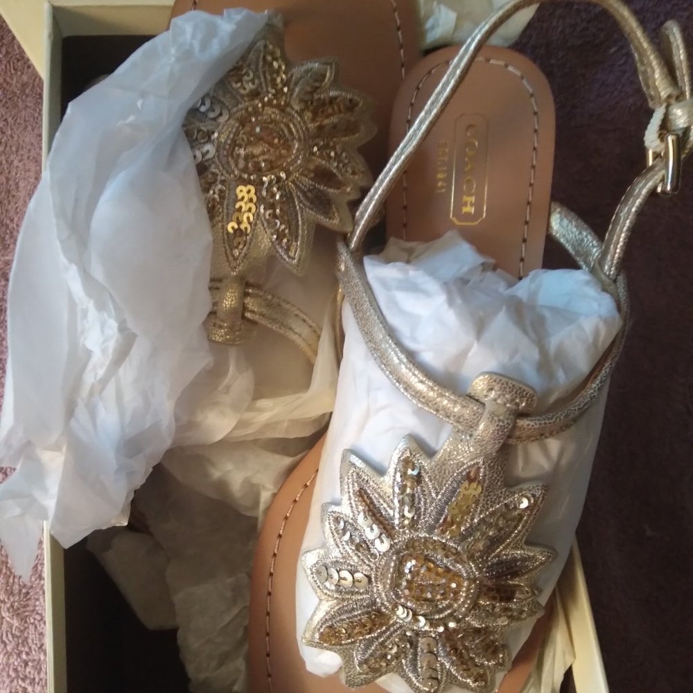 Coach Abella METALLIC floral beaded sandals 7.5 NEVER WORN,as is.